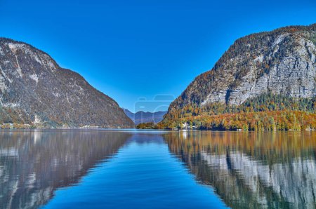 Hallstatt, Austria, view of the  Obertraun area on the Hallstatter see or Hallstatt lake surrounded by the Austrian Alps