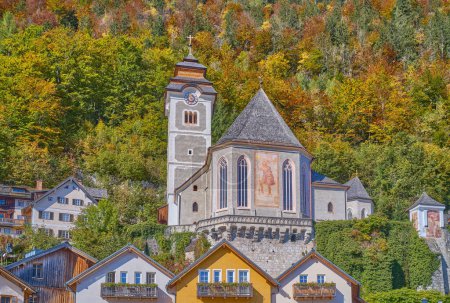 Photo for Hallstatt, Austria, the Catholic church over the village - Royalty Free Image