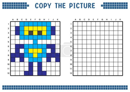 Copy the picture, complete the grid image. Educational worksheets drawing with squares, coloring cell areas. Children's preschool activities. Cartoon vector, pixel art. Super robot illustration.