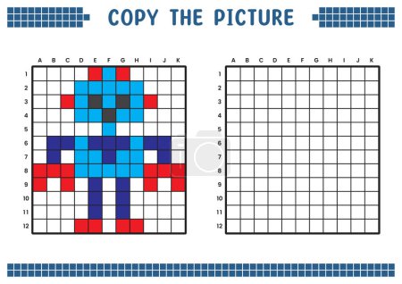 Copy the picture, complete the grid image. Educational worksheets drawing with squares, coloring cell areas. Children's preschool activities. Cartoon vector, pixel art. Humanoid robot illustration.