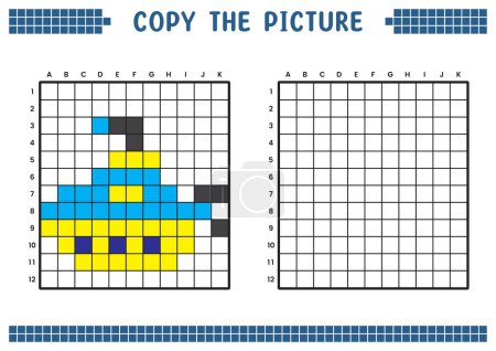 Copy the picture, complete the grid image. Educational worksheets drawing with squares, coloring cell areas. Children's preschool activities. Cartoon vector, pixel art. Submarine illustration.