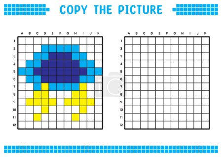 Copy the picture, complete the grid image. Educational worksheets drawing with squares, coloring areas. Children's preschool activities. Cartoon vector, pixel art. Clouds and thunder illustration.