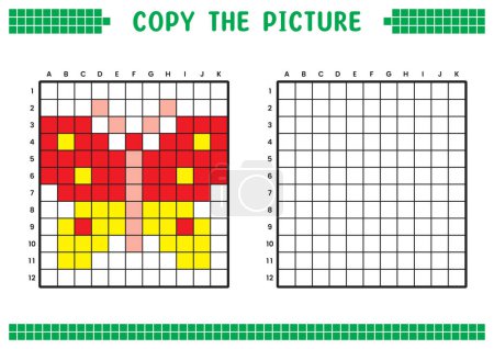 Copy the picture, complete the grid image. Educational worksheets drawing with squares, coloring cell areas. Children's preschool activities. Cartoon vector, pixel art. Butterfly illustration.