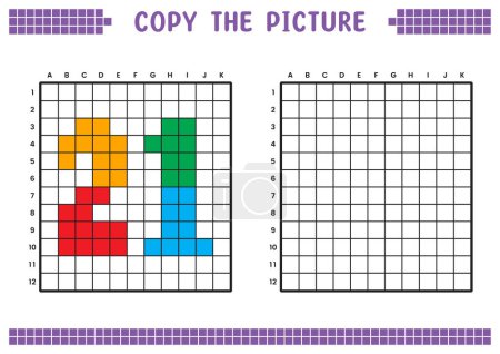 Kopieren Sie das Bild, vervollständigen Sie das Gitterbild. Pädagogische Arbeitsblätter zeichnen mit Quadraten, Färbung von Zellbereichen. Vorschulaktivitäten, Kinderspiele. Zeichentrickvektorillustration, Pixelkunst. Nummer 21.
