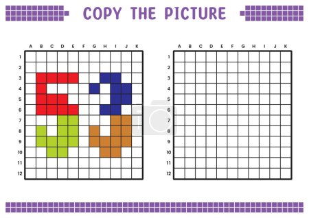 Illustration for Copy the picture, complete the grid image. Educational worksheets drawing with squares, coloring cell areas. Preschool activities, children's games. Cartoon vector illustration, pixel art. Number 53. - Royalty Free Image