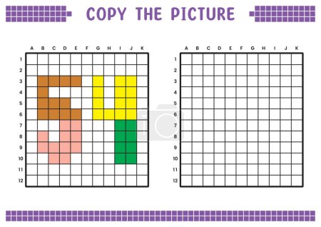 Illustration for Copy the picture, complete the grid image. Educational worksheets drawing with squares, coloring cell areas. Preschool activities, children's games. Cartoon vector illustration, pixel art. Number 54. - Royalty Free Image