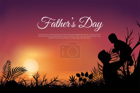 Illustration for Feliz dia de la faiz design with sunset background. Happy father's day with sunset background and father holding baby. - Royalty Free Image