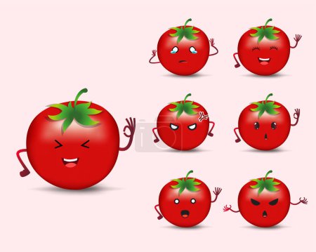 Téléchargez les illustrations : Jolie icône de conception de caractère de tomate rouge avec de nombreuses expressions différentes. Collection d'icône réaliste de poivre de tomate - en licence libre de droit