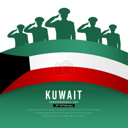 Illustration for Celebration Kuwait Independence day design with soldiers silhouette and wavy flag vector - Royalty Free Image