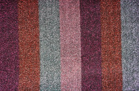 Photo for Striped red, violet, pink and silver shimmer fabric abstract background. Cloth texture. - Royalty Free Image