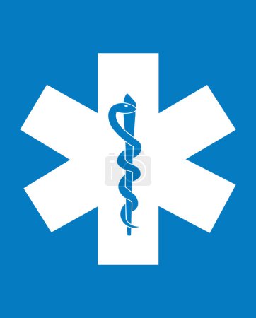Medical symbol white Star of Life Rod of Asclepius icon isolated on blue background. First aid. Staff of Asclepius. Emergency symbol. Vector illustration.