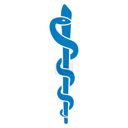 Illustration for Staff of Asclepius medical blue symbol icon isolated on white background. Caduceus with staff and snake. Medical emblem. Rod of Aesculapius. Vector illustration - Royalty Free Image