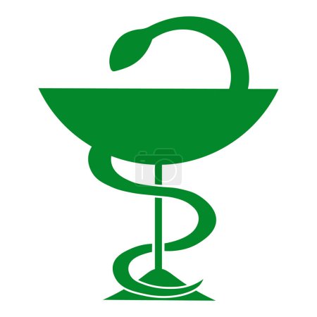 Illustration for Pharmacy symbol icon. Cup with a snake twined around. Bowl of Hygieia. Green medical pharmacology drugstore caduceus sign. Isolated on white background. Vector illustration. - Royalty Free Image