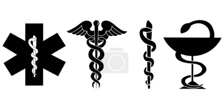 Illustration for Medical symbol icons set. Star of Life with cross, caduceus, Rod of Asclepius and pharmacy symbol Bowl of Hygieia. Isolated on white background. Logo sign concept. Medicine. Vector illustration. - Royalty Free Image
