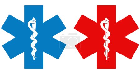 Illustration for Medical symbol set red and blue Star of Life with Rod of Asclepius logo icon isolated on white background. First aid. Emergency symbol. Vector illustration. - Royalty Free Image