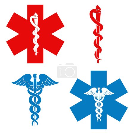 Símbolo médico conjunto rojo y azul cruz Estrella de la Vida. Vara del logotipo de Asclepius. Icono de caduceo. Aislado sobre fondo blanco. Primeros auxilios. Símbolo de emergencia Ilustración vectorial.