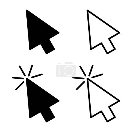 Set of black and white modern arrow cursors. Line cursor icon symbol. Flat style. Isolated on white background. Clicking cursor, pointer click icon. Arrows for website. Vector illustration.