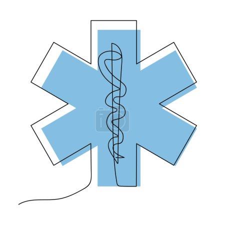 Illustration for Medical symbol blue Star of Life with Rod of Asclepius icon. One continuous line drawing. Isolated on white background. Continuous one line. Line art. First aid. Emergency symbol. Vector illustration. - Royalty Free Image