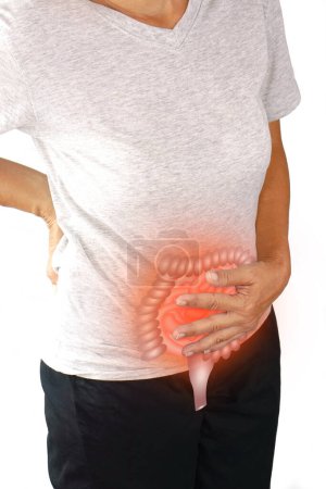 Asian woman suffering from stomachache. Chronic gastritis, menstruation and health concept.