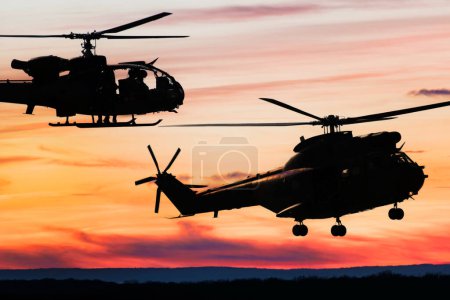 Photo for Silhouette of combat helicopters at sunset in the sky, gazelle and puma side view, air transportation - Royalty Free Image