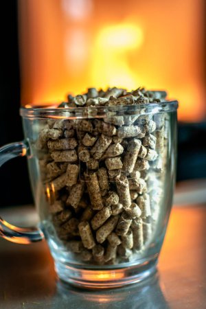 Pellet for stove or boiler in a glass, compressed wood pellet with a stove in background