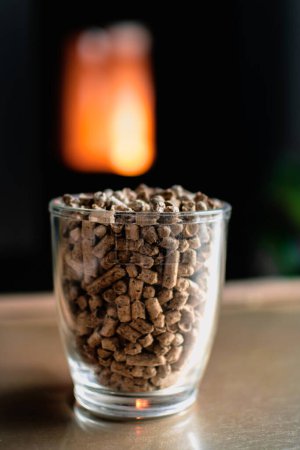 Pellet for stove or boiler in a glass, compressed wood pellet with a stove in background