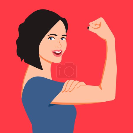 Téléchargez les illustrations : Femme souriante forte montrant bras et biceps, pour illustrer le concept tendu comme être une mère, une femme d'affaires - en licence libre de droit