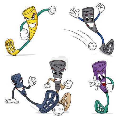 Conjunto de personajes divertidos palo floorball. Ilustraciones vectoriales