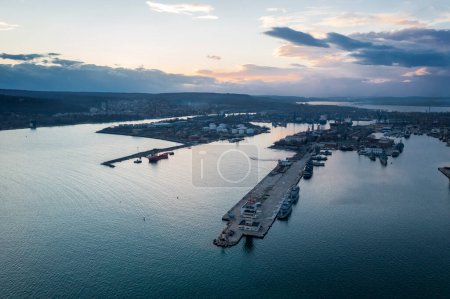 Aerial view of the sea port and industrial zone at sunset in Varna, Bulgaria