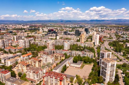 Photo for Aerial view from a drone of a district of the city next to the mountain, Sofia Bulgaria - Royalty Free Image