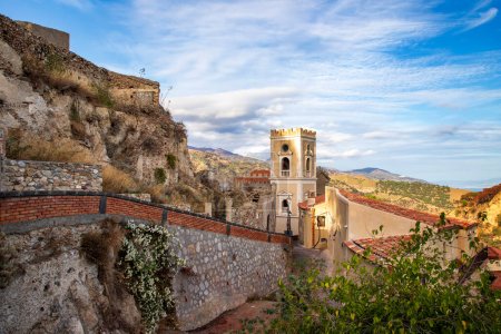 Photo for Tower of Church of San Nicolo in Savoca, Sicily, Italy - Royalty Free Image
