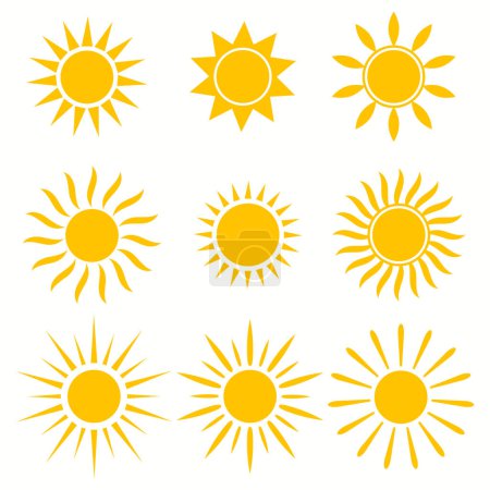 Ilustración de Iconos del sol. Sol, verano caliente y símbolos de salida del sol, círculos de luz solar de oro, solar y signos del tiempo soleado vector establecido. Rayos de sol brillantes y haces de diferentes formas para amanecer o atardecer - Imagen libre de derechos