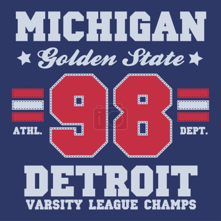 Illustration for Detroit, Michigan design for t-shirt. Varsity tee shirt print. Typography graphics for sportswear and apparel. Vector illustration. - Royalty Free Image