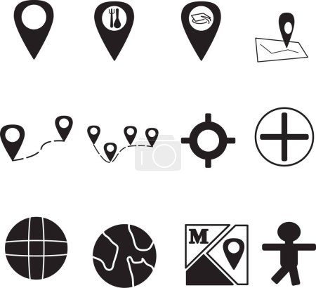 Téléchargez les illustrations : Icon set pack vecteur hd 2d carte en noir et blanc avec différents emplacements d'icônes, restaurants, bâtiments et distances, fond d'écran illustrations comme google map - en licence libre de droit