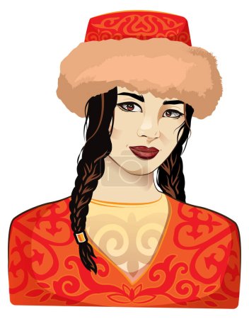 Ilustración de Kazajstán asiático chica en nacional ropa - Imagen libre de derechos