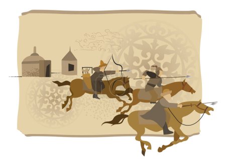 Illustration for Steppe batyrs on the hunt, race, warriors against the background of the national Kazakh ornament of Central Asia - Royalty Free Image
