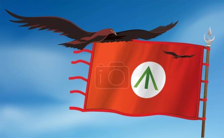 Illustration for A soaring eagle in the blue sky over a red flag with the symbols of Adai - Royalty Free Image