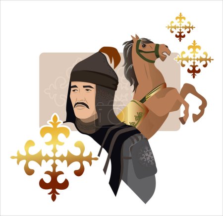 Illustration for Portrait of an Asian warrior, batyr, in a stylistic image with national ornaments - Royalty Free Image