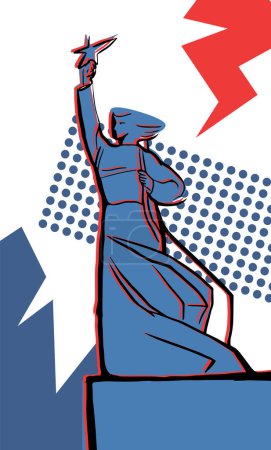 Illustration for The Soviet monument to a woman-boy, fighting a star. Made in red and blue tones with stylized graphic elements and contrasting stroke - Royalty Free Image