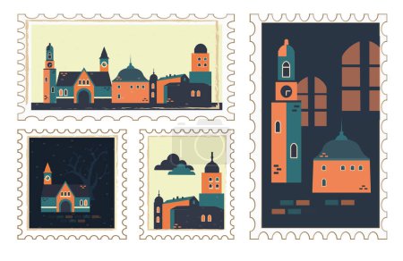A set of postage stamps depicting medieval buildings, a tower and a castle in the same style