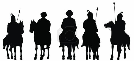 Silhouettes of Central Asian warriors on horseback in calm and combat positions.
