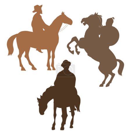 Ilustración de Siluetas de guerreros de Asia Central a caballo en posiciones de calma y combate. - Imagen libre de derechos