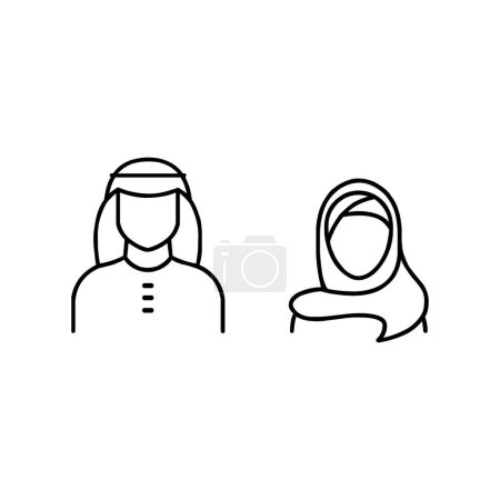 Téléchargez les photos : Noir Saoudien ligne icône de l'art. Homme et femme en foulard traditionnel shemakh musulman isolé sur fond blanc. Couple arabe contour forme. Illustration vectorielle course modifiable - en image libre de droit