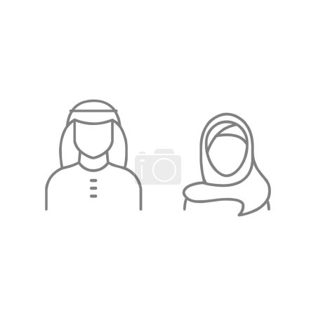 Téléchargez les photos : Gris Arabie Saoudite ligne icône de l'art. Homme et femme en foulard traditionnel shemakh musulman isolé sur fond blanc. Couple arabe contour forme. Illustration vectorielle course modifiable - en image libre de droit