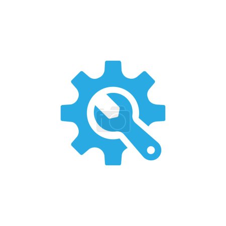 Téléchargez les photos : Icône de vecteur de roue dentée et clé bleue dans un design plat à la mode isolé sur fond blanc - en image libre de droit