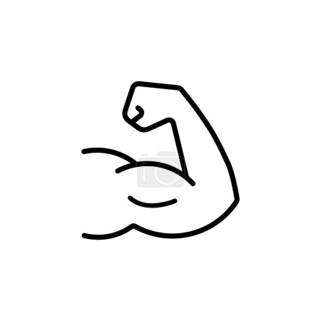 Téléchargez les illustrations : Noir Forte icône d'art de ligne de main. Style de contour simple. Muscle, bras, biceps, puissance, protéines, homme, force, flexion, concept du corps humain. Illustration vectorielle isolée sur fond blanc. - en licence libre de droit