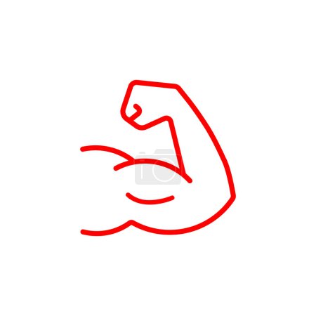 Téléchargez les illustrations : Rouge Forte icône d'art de ligne de main. Style de contour simple. Muscle, bras, biceps, puissance, protéines, homme, force, flexion, concept du corps humain. Illustration vectorielle isolée sur fond blanc. - en licence libre de droit