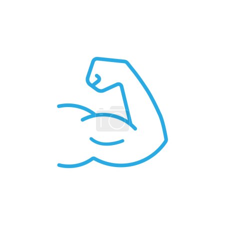 Téléchargez les illustrations : Bleu Forte icône d'art de ligne de main. Style de contour simple. Muscle, bras, biceps, puissance, protéines, homme, force, flexion, concept du corps humain. Illustration vectorielle isolée sur fond blanc. - en licence libre de droit
