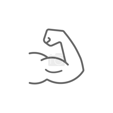 Téléchargez les illustrations : Gris Forte icône d'art de ligne de main. Style de contour simple. Muscle, bras, biceps, puissance, protéines, homme, force, flexion, concept du corps humain. Illustration vectorielle isolée sur fond blanc. - en licence libre de droit