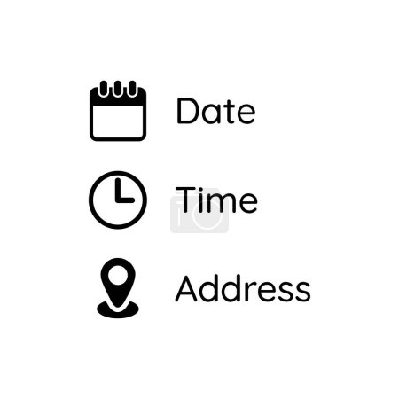 Téléchargez les photos : Noir Date, heure, adresse ou lieu Icônes Symbole isolé sur fond blanc - en image libre de droit